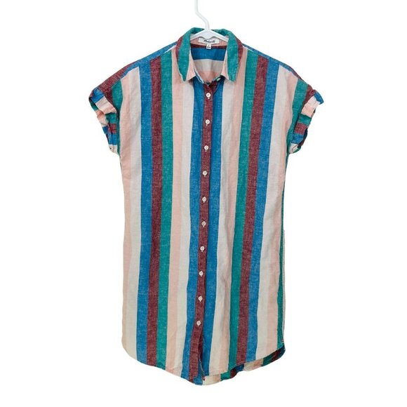 Madewell Size Small Shirt Dress Flagstaff Stripe Pink Blue Linen Blend #L8751 - Picture 2 of 7